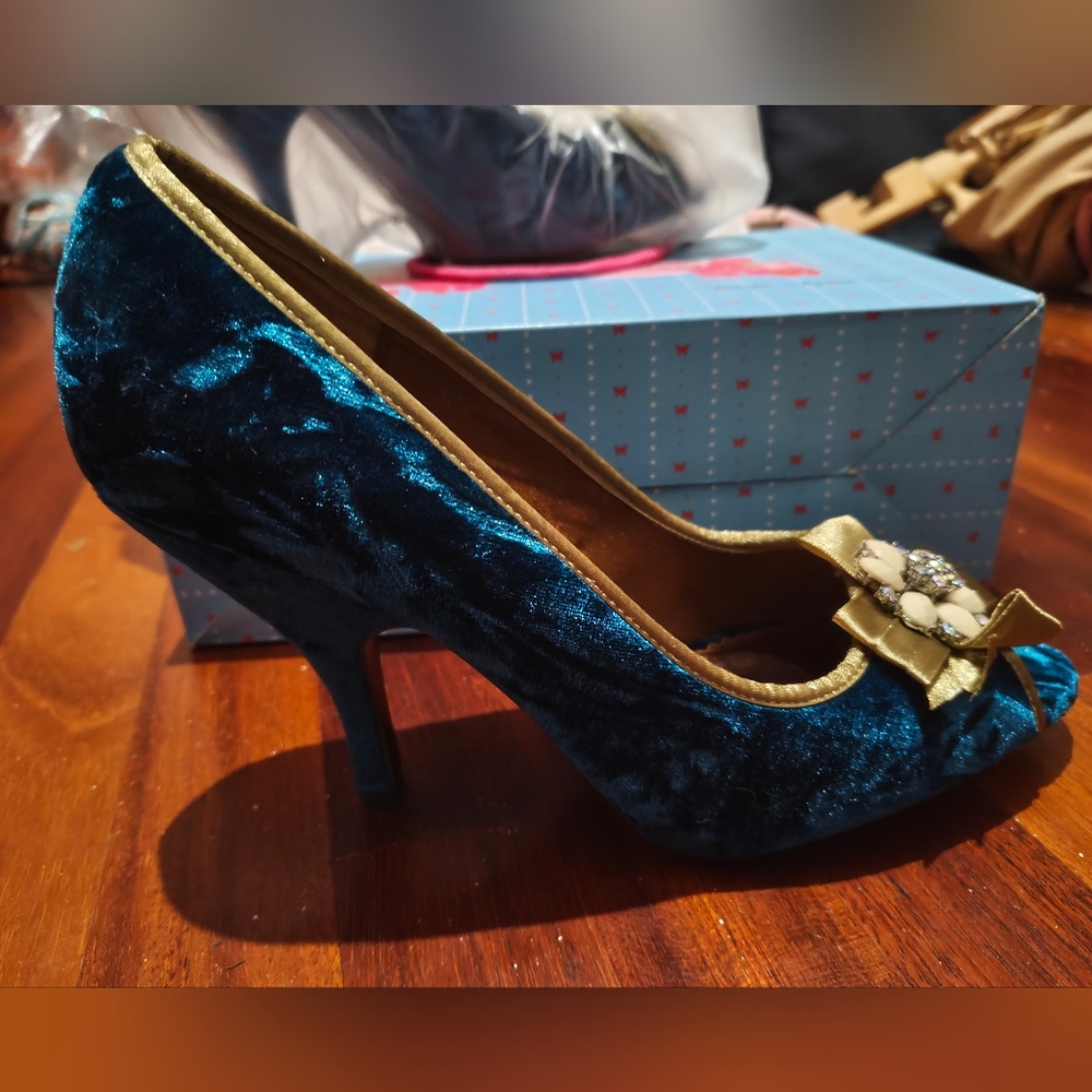 Poetic License Blue Velvet Heels with Gold Accent